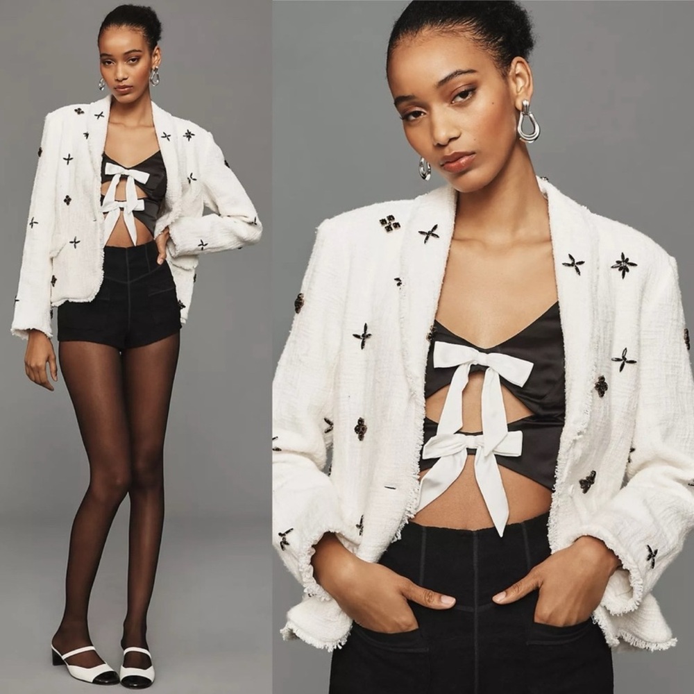 Maeve White Blazer with Black Embellishments